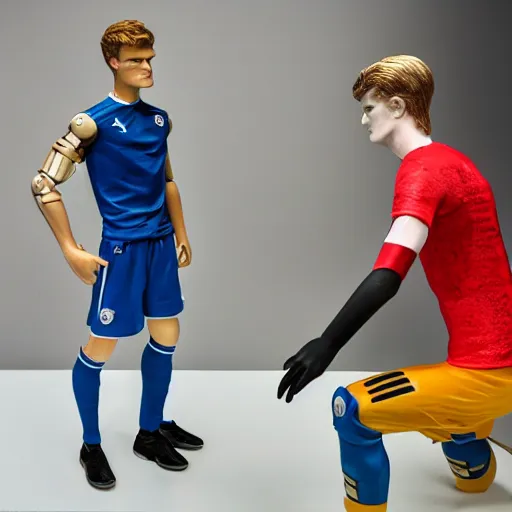 Prompt: a realistic detailed photo of a guy who is an attractive humanoid who is half robot and half humanoid, who is a male android, soccer players martin ødegaard & timo werner, shiny skin, posing like a statue, blank stare, in a lab, on display, showing off his muscles, gold soccer shorts, side view, repairing the other one
