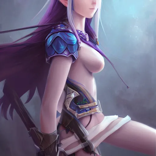 Image similar to an elf girl with pale grey skin with blues and long purple hair, wearing armor, highly detailed, digital painting, artstation, matte, by makoto shinkai, animation style