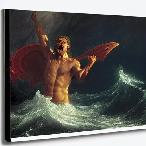 Image similar to portrait of proud and screaming Poseidon rising from the ocean, ready to fight with trident, fantasy art, by Thomas Cole, dark colors, sinister atmosphere