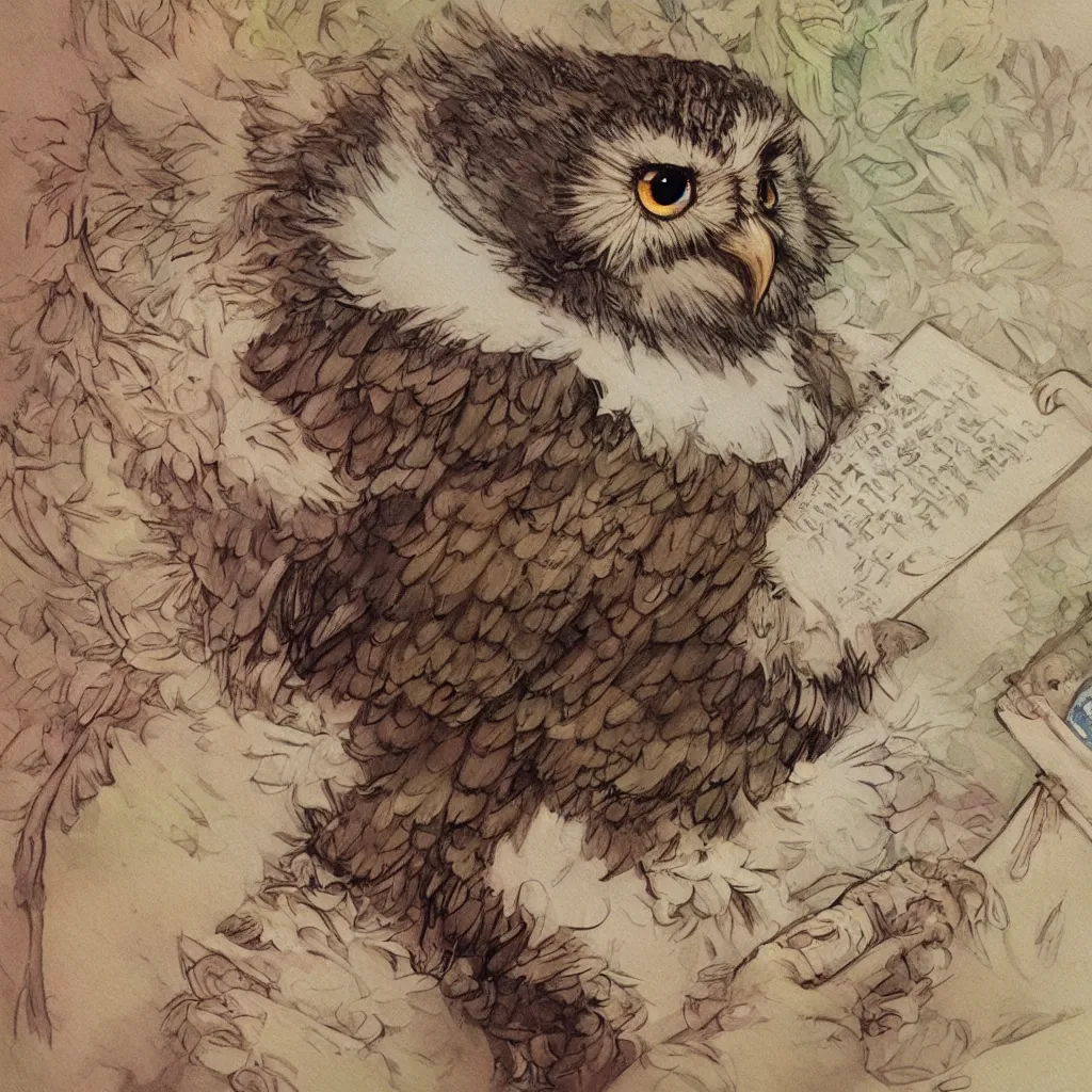 Image similar to cute fluffy owl reading a book, closeup, water color, D&D, fantasy, highly detailed, digital painting, artstation, concept art, matte, sharp focus, illustration, art by Ivan Gantschev Alphonse Mucha