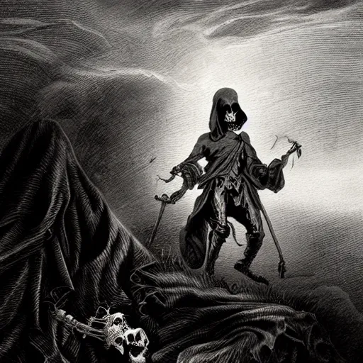 Prompt: Grim Reaper with golden skull walking a foggy battlefield : white paper : black ink : intricate ink detail : sunset : hourglass : black roses : baroque : neoclassical : ethereal : gazing into a memory : golden ratio : Fibonacci spiral : symmetrical : by Peter Paul Rubens + Jacques-Louis David : intricate ink illustration : intricate detail : volumetric lighting : cinematic lighting, tattoo, passage of time hourglass