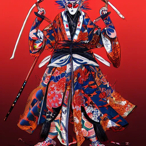 Image similar to an insane kabuki warrior wielding a spear while emitting a distorting psychedelic aura of madness, intricate hakama, red wig, crossed eyes, hazy atmosphere, high energy, trending on artstation, detailed concept art,