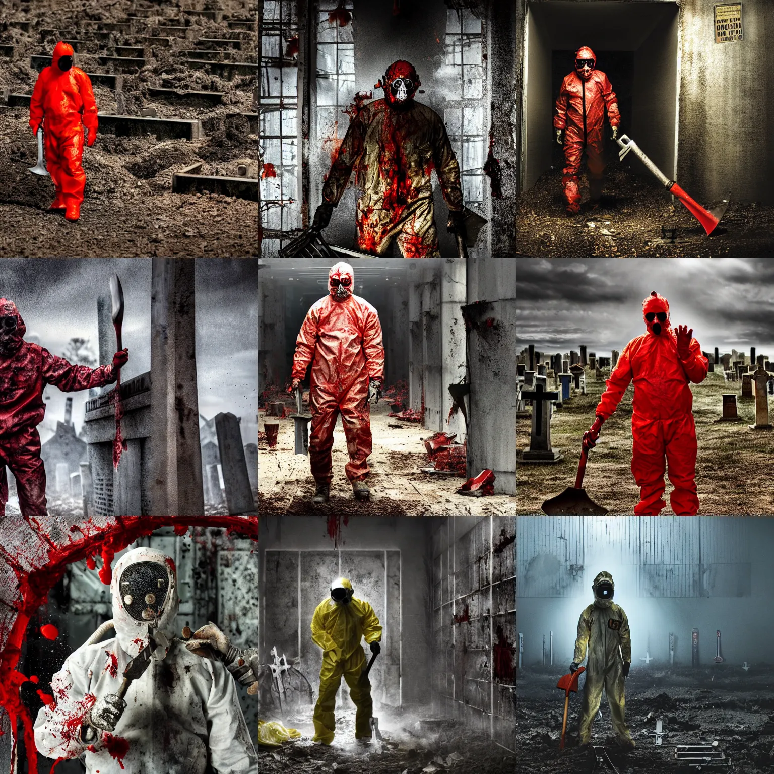 Prompt: still from the movie saw, extreme long shot of a man in a bloody hazmat suit, big shovel, graveyard, blood, horror, award winning photo, high detail, atmospheric, 8k