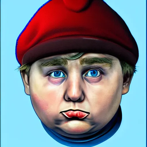 Image similar to Hyperrealistic Eric Cartman from South Park, realistic, colorful, HDR, hyper realism, pores visible, slightly gross, highly detailed