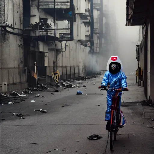 Image similar to a photo of a female wearing a hazmat suit, riding a bike, side-view, smoke in the background, filthy streets, broken cars. Vines growing. Jpeg artifacts. Full-color photo. Color color color color color. Award-winning photo. OM system 12–40mm PRO II 40mm, 1/100 sec, f/2 8, ISO 800