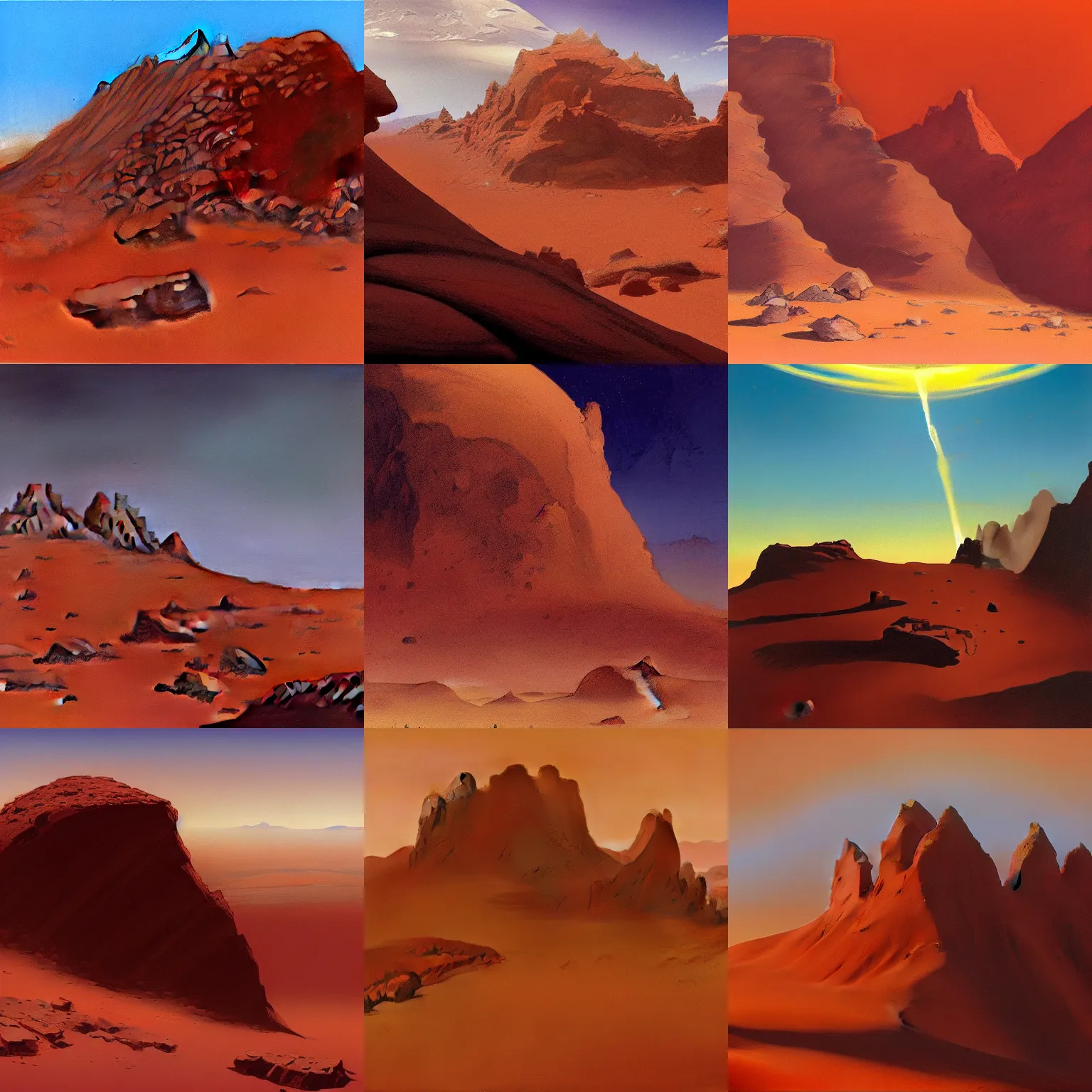 Prompt: a digital painting of a basalt ruin in the red desert sands of mars by frank frazetta, paul bonner, highly detailed, digital art, artstation hd