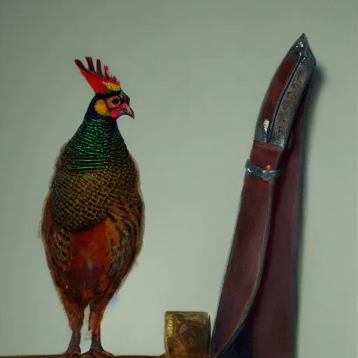 Prompt: a pheasant is girded with a belt, by lily seika jones , rivuletpaper art, top cinematic lighting, cinematic mood, very detailed, beautiful sword, shot in canon, by Viktor Vasnetsov, oil painting, harsh fairy tale, soft style, hyperrealism, beautiful, high resolution, trending on artstation, steps 50,