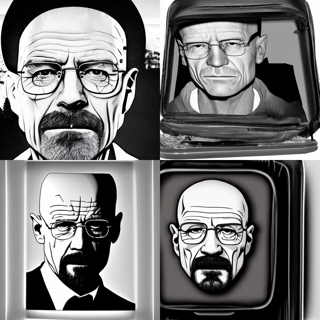 Prompt: x-ray of Walter white's face in a suitcase