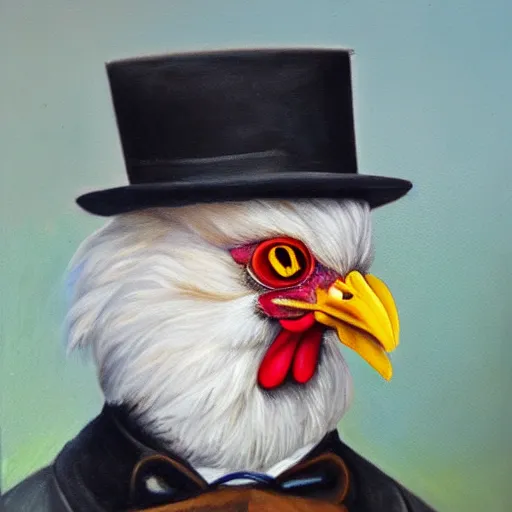 Prompt: a chicken butler, fancy mustache, monocle, highly detail, oil painting , accurate anatomy,