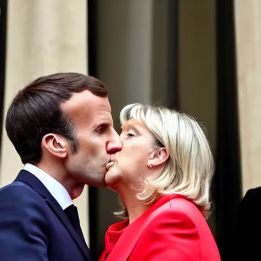 Image similar to emmanuel macron kissing Marine Lepen