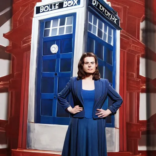Prompt: a beautiful full body photograph of hayley atwell dressed as ( ( doctor who ) ) standing in front of the tardis, symmetrical face, extreme realism and detail, 8 k, completely framed, direct lighting, 3 5 mm photo, photorealistic, sharp focus
