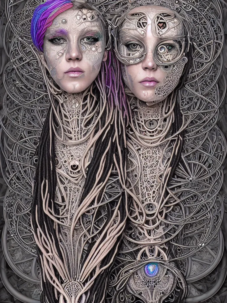 Image similar to full colour beautiful biomechanical female blonde dreadlock cyborg, realistic skin, geometrical octagonal lace tattoos, alexander mcqueen, art nouveau fashion embroidered, futuristic android jones style steampunk, trippy lsd hippie, craftsmanship, intricate silver filigrees, contrast hexagonal mesh wire, mandelbrot fractal mandala, alex grey, giger, hyperreal, photorealistic