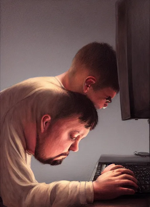 Prompt: insanely detailed chiaroscuro image of a exhausted - looking slightly fat casually - dressed programmer guy on his knees facing his glowing ultrawide computer monitor monitor begging it for forgiveness, oil on canvas, masterwork, fine detail, trending on artstation, emotive, insanely compelling, ryden, greg rutkowsky, moebius