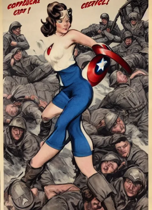 Image similar to beautiful female captain america standing on a pile of defeated german soldiers. feminist captain america wins wwii. american wwii propaganda poster by james gurney. anime. gorgeous face.