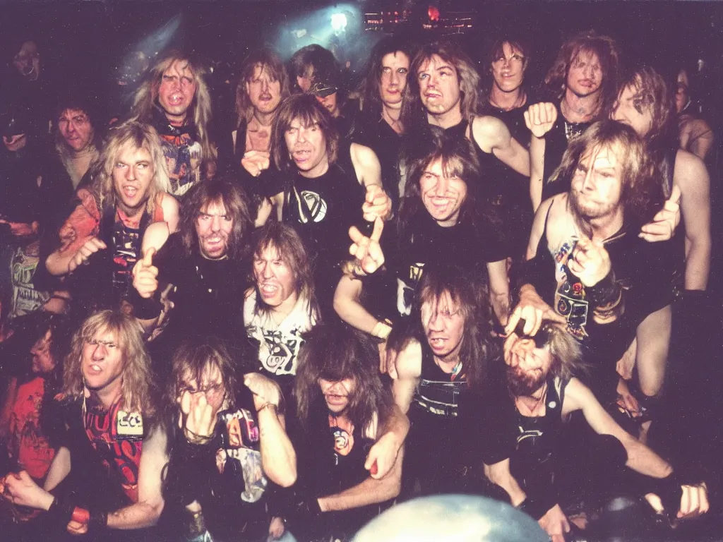 Image similar to 80s polaroid colour flash photograph of Iron Maiden concert