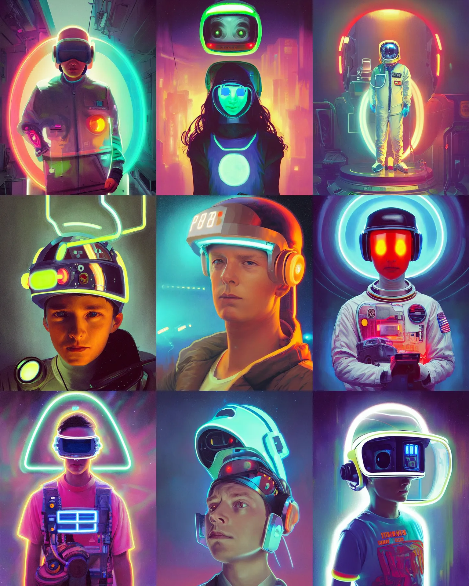 Prompt: future coder looking on, back to the future visor, electric lights and neon, rim lighting, desaturated headshot portrait painting by dean cornwall, ilya repin, rhads, tom whalen, alex grey, alphonse mucha, donoto giancola, astronaut cyberpunk electric fashion photography