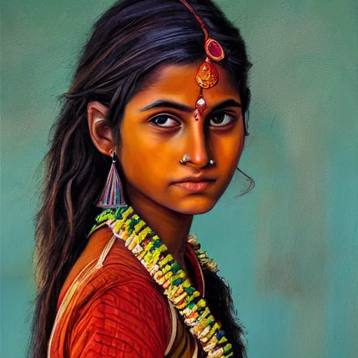 Image similar to stunning, breathtaking, awe - inspiring award - winning concept art portrait painting by steve mccurry of a beautiful young hindu woman warrior with short, wavy hair, wearing a colorful sari