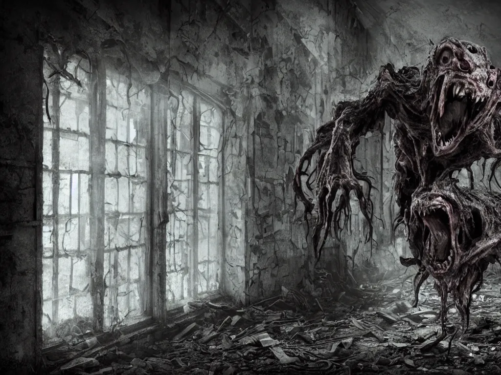 Image similar to mutant hunchback creature lurking in the corner of a room in an abandoned building, dirty windows, debris, tentacle beast, dust, bleak apocalyptic style, creepypasta, ominous vibe, sharp fangs