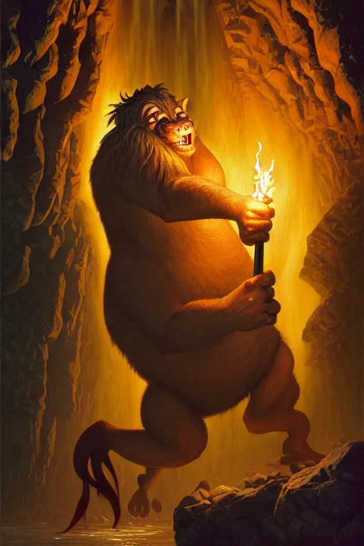 Prompt: classic oil painting, a large troll is holding a torch, as a dnd character, deep inside a wet cave, cottagecore, highly detailed, digital illustration, concept art, smooth, sharp focus, happy, art by tim hildebrandt, and greg hildebrandt