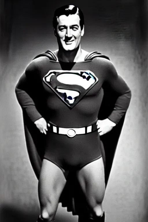 Image similar to rock hudson playing superman in, superhero, dynamic, 3 5 mm lens, heroic, studio lighting