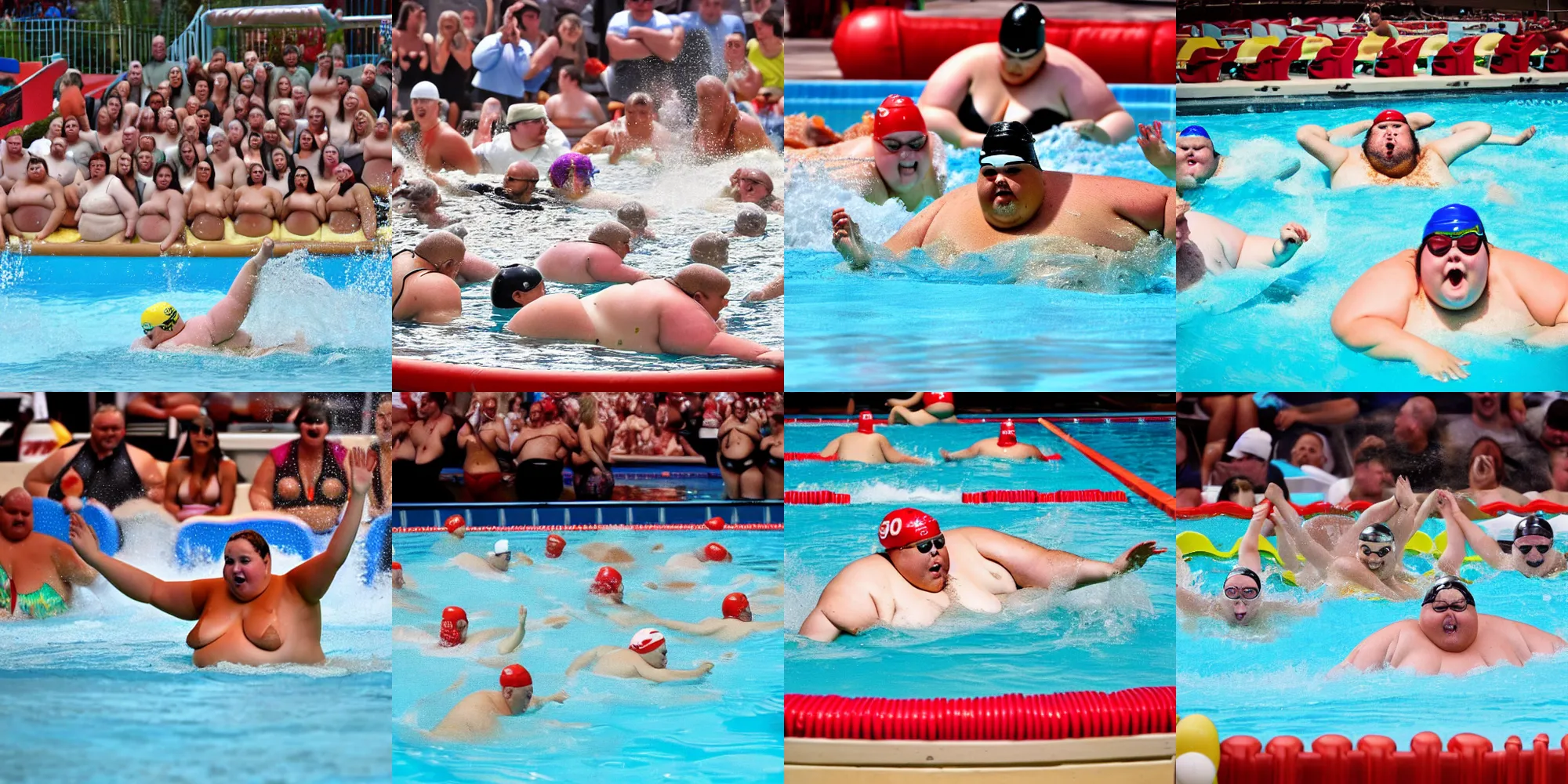Prompt: action shot of obese people swimming in gravy pool, hot brown thick gravy, sports photography, espn, summer olympics