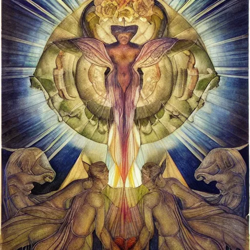 Image similar to moths attending their queen, by Annie Swynnerton and Diego Rivera and Evelyn De Morgan, symbolist, dramatic lighting, elaborate geometric ornament, Art Brut, god rays, soft cool colors,smooth, sharp focus, extremely detailed, Adolf Wölfli