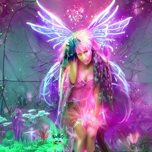 Image similar to cyberpunk fairy princess clothing store in a woodland grove, neon wings beautiful colorful pretty artistic 4 k artstation trending dramatic lighting realistic floral garden blooming flowers