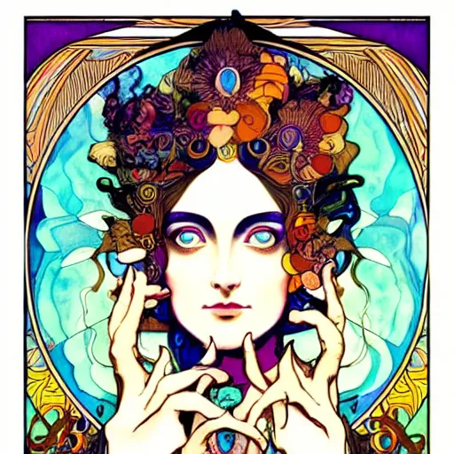 Prompt: The Goddess of Creation, beautiful eyes, symmetrical face, paint, ink, palettes, spectrum, in the style of Joshua Middleton, Mucha, Kandinsky