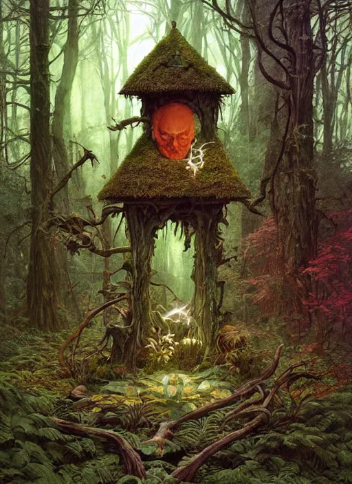 Image similar to a hyper realistic witch shrine in the woods gorgeous lighting, lush forest foliage painting by chiara bautista and beksinski and norman rockwell and greg rutkowski weta studio, and lucasfilm