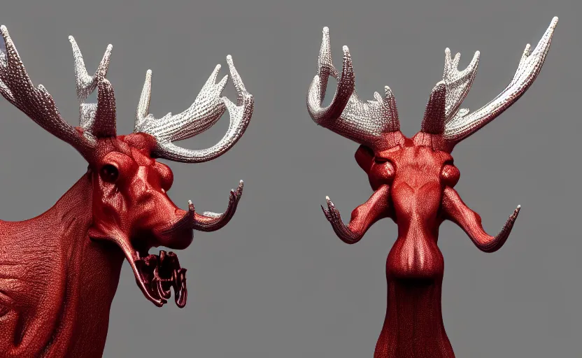 Image similar to stylized shiny polished silver statue full body bizarre cosmic horror quadruped animal moose deer skull four legs made of slug creature tendrils, perfect symmetrical body, perfect symmetrical face, hyper realistic, hyper detailed, by johannen voss, by michelangelo, octane render, blender, 8 k, displayed in pure white studio room anatomical deep red arteries veins flesh