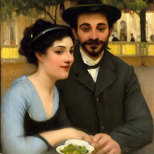 Prompt: portrait of a happy young italian couple with black hair and green eyes and r 2 d 2 sit outside a busy parisian cafe at sunset painted by emile friant