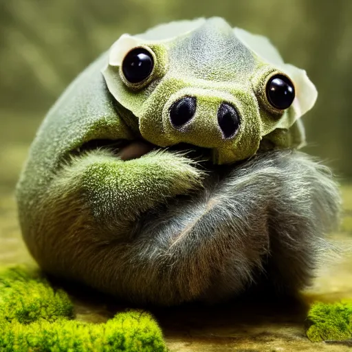 Image similar to lap tardigrade, petting the tough armor of a water bear, moss piglet, award - winning pet photography