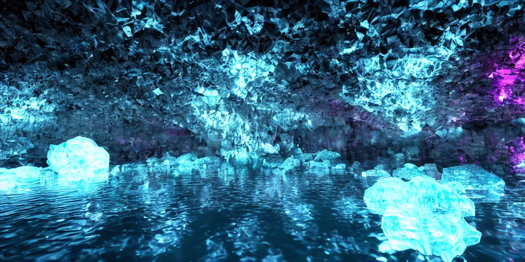 Image similar to cavern underground, crystal, vivid, water, puddles, rocky, minerals, volumetric lighting