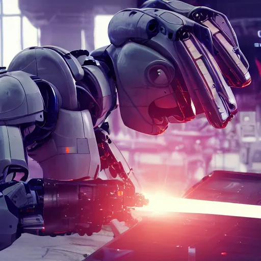 Image similar to a closeup shot of a robot being repaired in factory,cyberpunk,2077,big mecha,gundam,realistic,8k