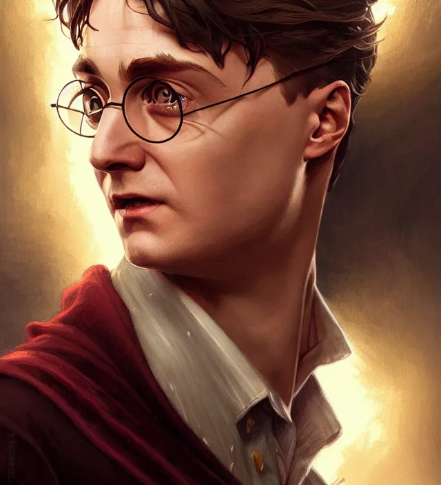 Prompt: portrait of harry potter, intricate, highly detailed, digital painting, artstation, concept art, sharp focus, cinematic lighting, illustration, art by artgerm and greg rutkowski, alphonse mucha, cgsociety