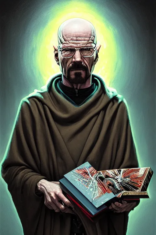 Image similar to painting of walter white as a cloaked tech priest holding a book, adeptus mechanicus!, cybernetic enhancements attached to his body, praise the omnissaiah, zdzislaw beksinski, lewis jones, mattias adolfsson, warhammer 4 0 k!!, cold hue's, warm tone gradient background, concept art, digital painting