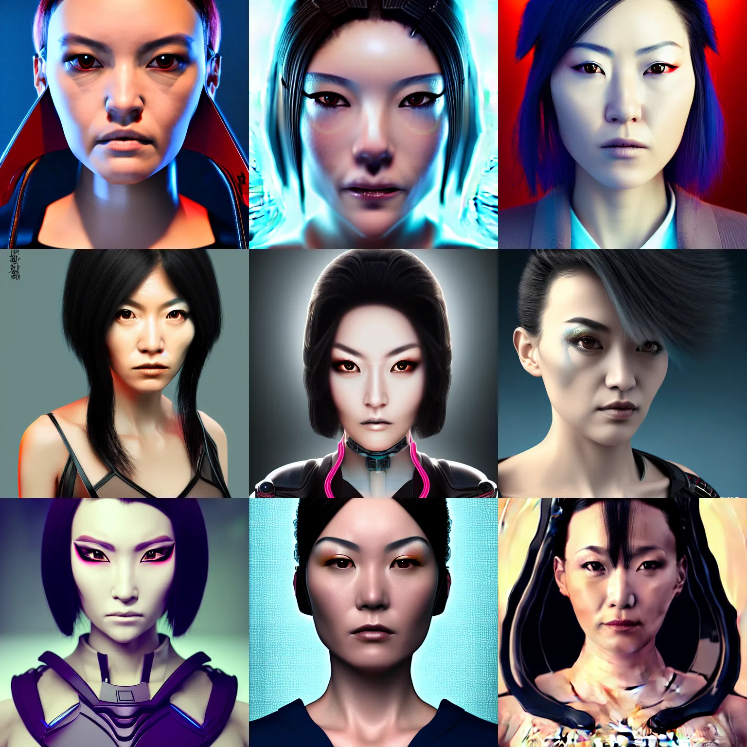 Prompt: mugshot portrait of a posh seductive cyberpunk woman, japanese heritage, high detail, soft studio lighting, full frontal lighting, digital photography, hyper realistic style, style of starfinder