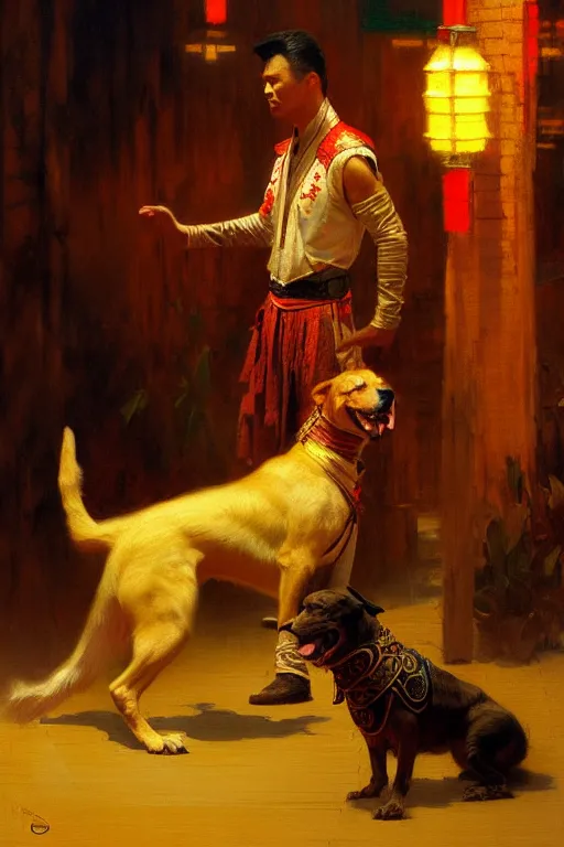 Image similar to dog, wuxia, neon light, painting by gaston bussiere, craig mullins, j. c. leyendecker