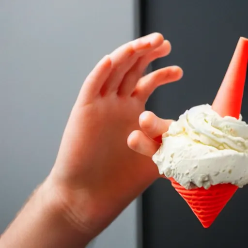 Image similar to a human hand sculpted from ice cream with a cone for an arm