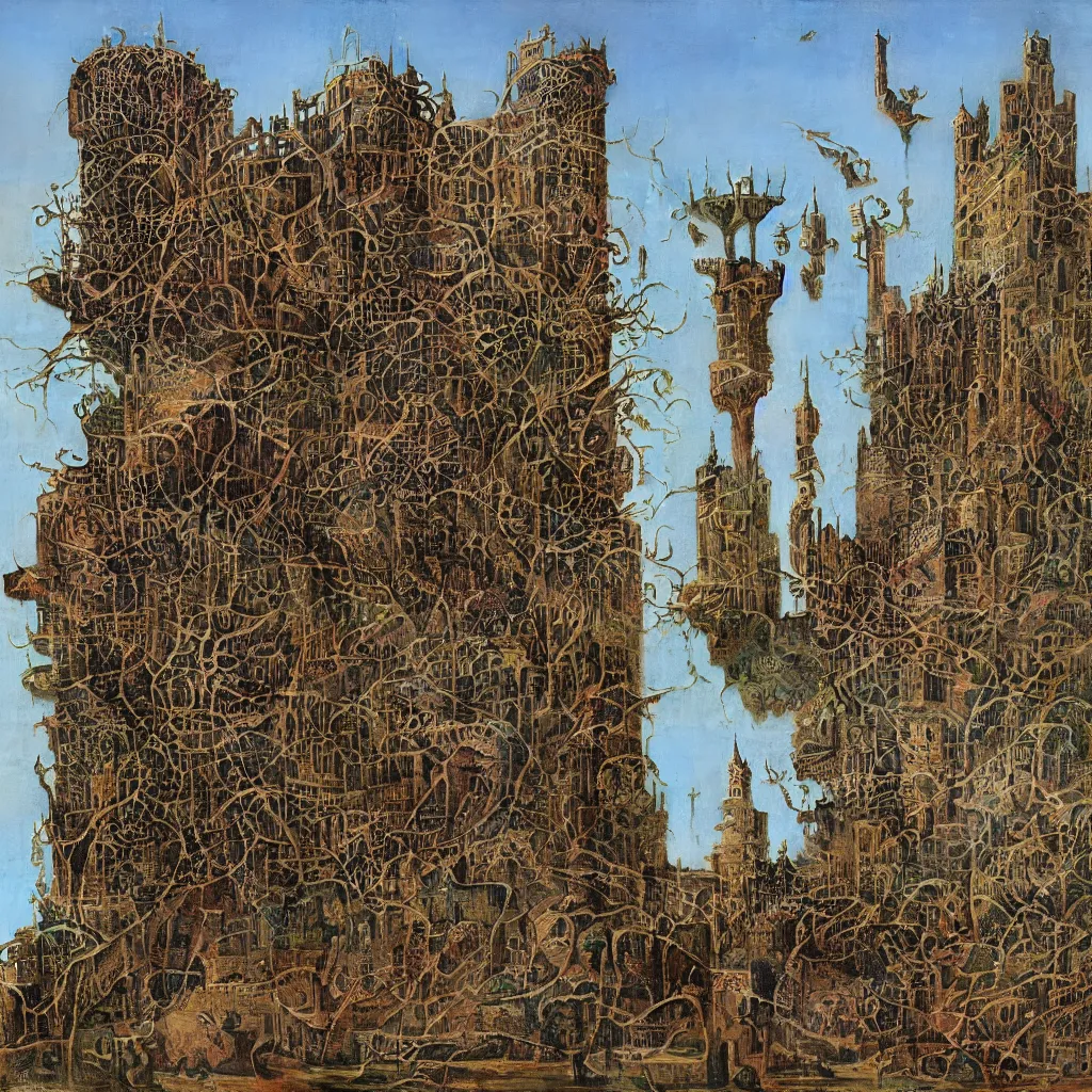 Prompt: rotten city, eaten by vegetation and rats in a doomed world, still, broken clock tower, by Dali, by Zdzisław Beksiński, by Antoni Gaudi