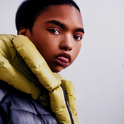 Image similar to realistic! photoshoot for a new balenciaga lookbook, color film photography, portrait of a beautiful woman wearing a puffer jacket, photo in style of tyler mitchell, 35mm