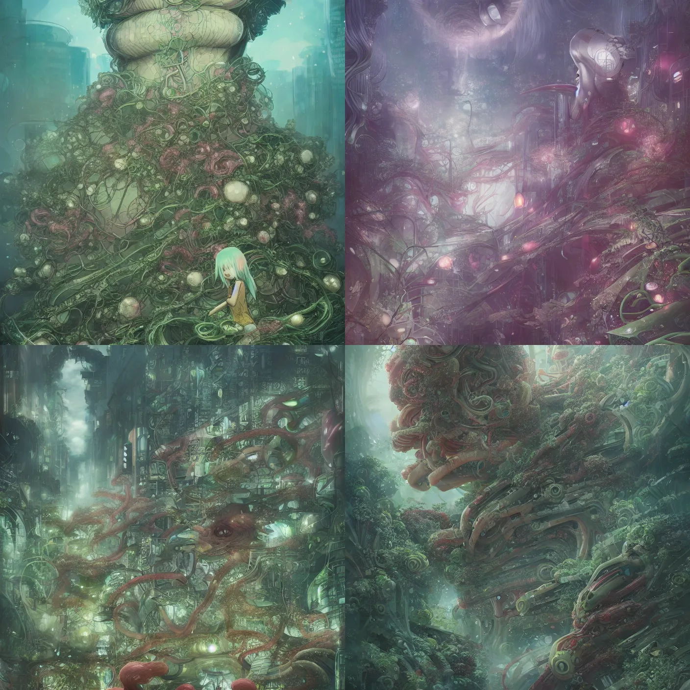 Prompt: Tokyo overgrown with flesh of alien and tentacle,by Anna Dittmann, by Hayao Miyazaki, anime, digital art, surreal, trending on artstation, HD, 8K, highly detailed, good lighting, masterpiece, beautiful