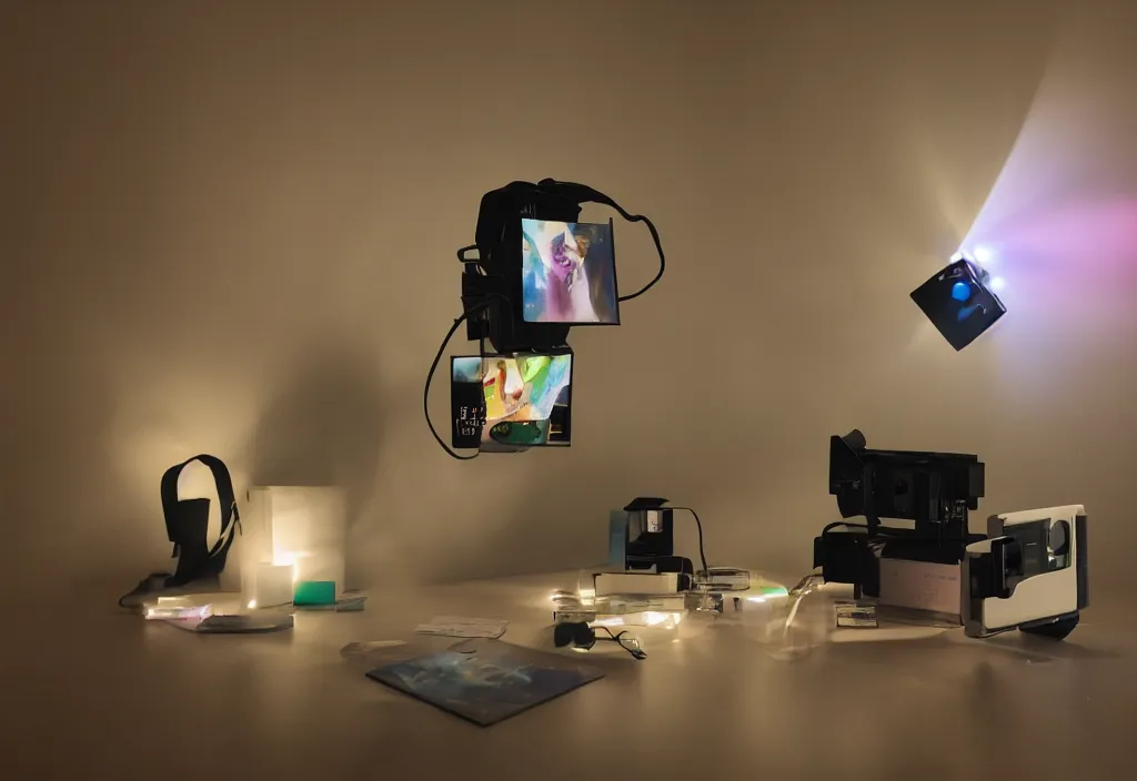 Image similar to dragon popping out of screens, volumetric lighting, bedroom, visor, users, pair of keycards on table, bokeh, creterion collection, shot on 7 0 mm, instax