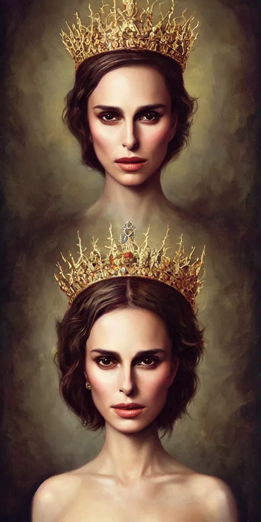Prompt: Nathalie Portman with Gold Crown with iridescent pearls, jewels, other worldly, rococo, by Anato Finnstark, Tom Bagshaw, Brom