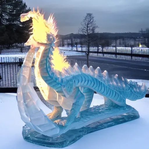 Prompt: Ice sculpture of a fire breathing dragon