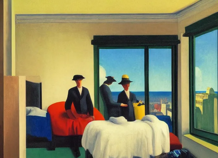 Prompt: three people interacting in a hotel room in afternoon light, clouds, bird, open ceiling, strange foreign objects, oil painting by edward hopper, chirico and rene magritte