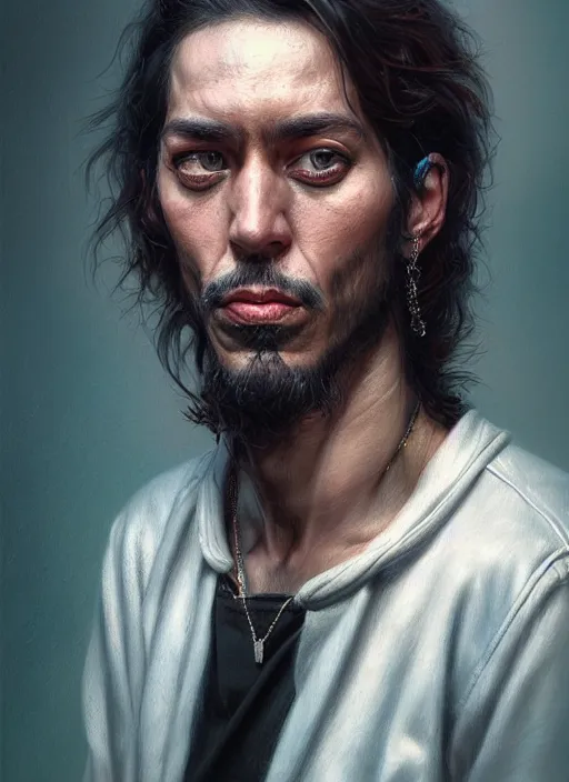 Image similar to a detailed painted portrait of an 9 0's era rock musician by artist hadi karimi, wlop, artgerm, greg rutkowski, smirk expression, dramatic lowkey studio lighting, accurate skin textures, hyperrealism, aesthetically pleasing and harmonious vintage colors