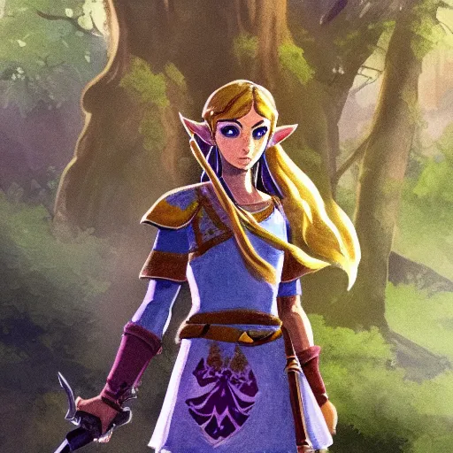 Prompt: botw princess Zelda standing in a beautifully lit forest holding a sword, detailed, soft lighting