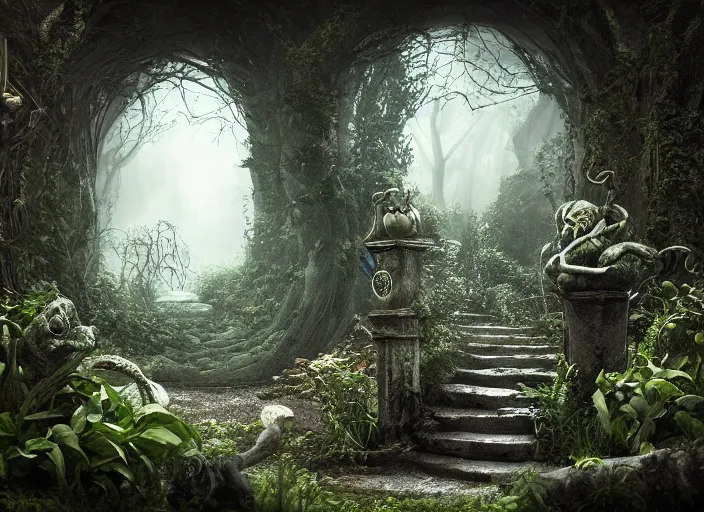 Prompt: secret garden, in the style of pan's labyrinth movie, spiral stairs, scary monster statues, spooky, very dark, concept art, unreal engine 5, matte painting, artstation, caspar friedrich