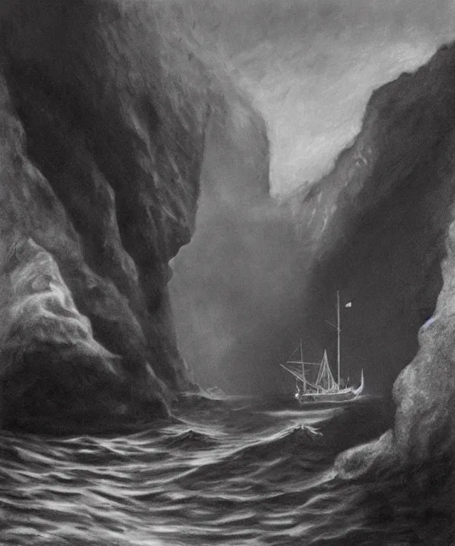 Image similar to photorealistic painting of a 1 9 2 5 seiner sailing near a tropical cliff with the mouth of a sea cave at the waterline, dark, brooding, atmospheric, lovecraft, horror, smooth, epic, highly detailed, cinematic, by lee gibbons